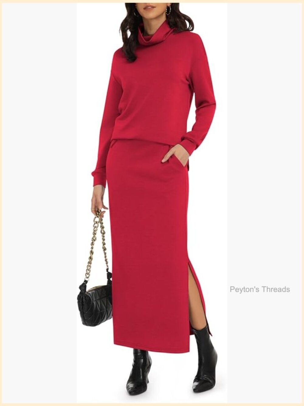 2 Piece Skirt Set Long Sleeve Turtleneck Top Long Skirt with Pockets Lounge Set